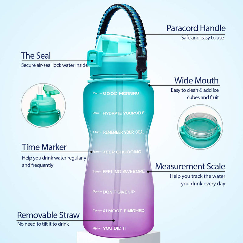 Giotto Large Half Gallon/64OZ Motivational Water Bottle with Paracord Handle & Straw - Leakproof Tritan BPA Free Fitness Sports Water Jug with Time Marker to Ensure You Drink Enough Water Daily A1-Green/Purple Gradient 64oz - BeesActive Australia