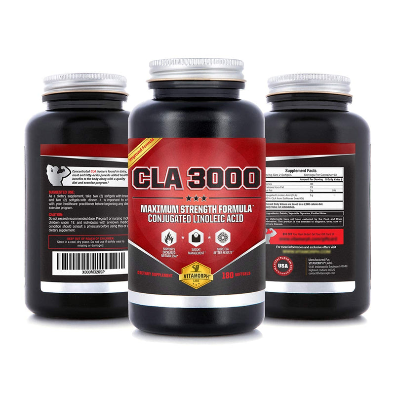 CLA 3000 - CLA Safflower Oil for Metabolism and Weight Loss Management, Maximum Strength Conjugated Linoleic Acid, Stimulant-Free Non-GMO Safflower Cla by Vitamorph Labs - 180 Softgels - BeesActive Australia