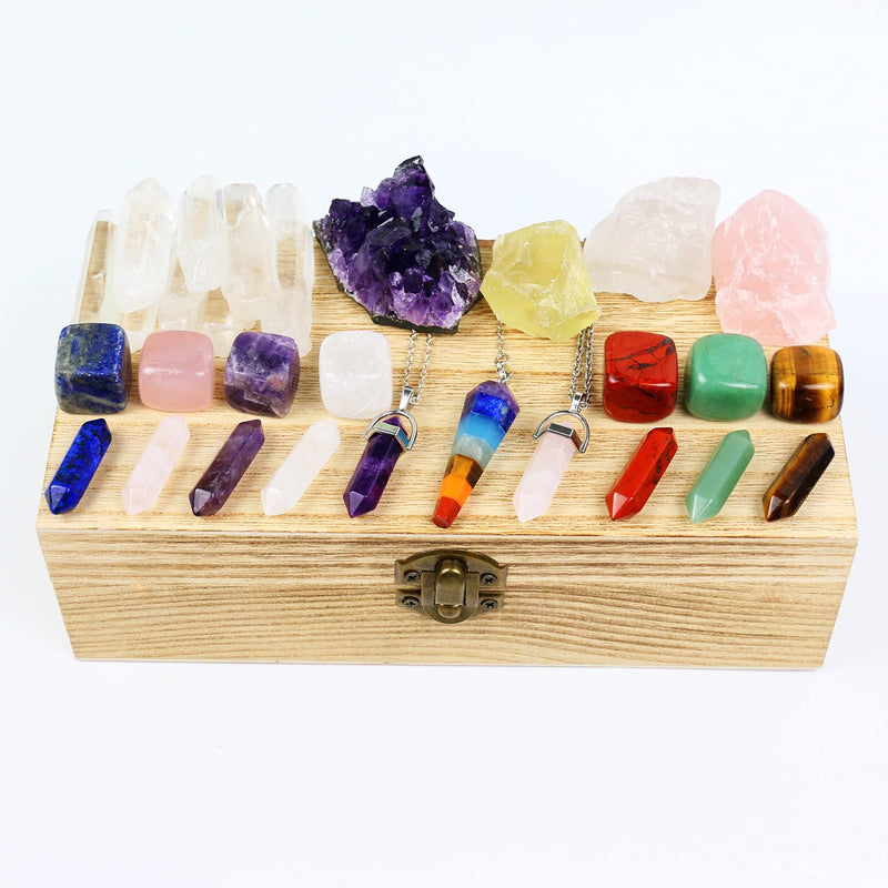 Nvzi Healing Crystals Kit in Wooden Box, Chakra Crystals Set, Crystals for Beginners, Meditation Accessories, Cristal Stone, Amethyst Crystal, Raw Crystals and Gemstones, Spiritual Gifts for Women Crystal Wands Set - BeesActive Australia