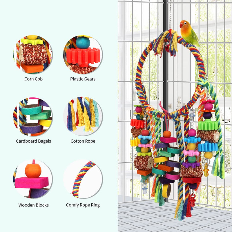 Bird Toys Bird Rope Ring Swing Perch with Corn Cob Cardboard Bagels Wooden Blocks Chewing Toys for Parakeets,Cockatiels,Conure,Lovebirds,Finches and Other Small-Sized Birds - BeesActive Australia
