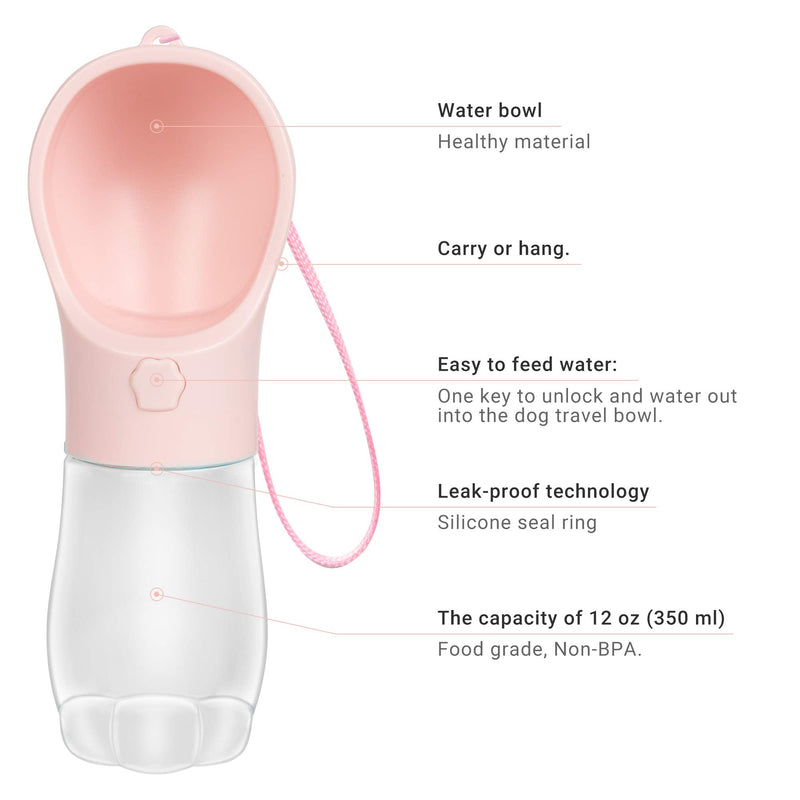 MAEXUS Dog Water Bottle, Travel Water Bowls for Dogs, Portable Dog Bowl with Leak Proof, Puppy Water Dispenser for Doggie Outdoor Walking Hiking, Dog Travel Water Bottle Food Grade (12 Oz) Pink - BeesActive Australia