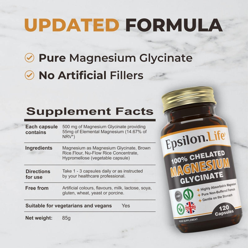 Epsilon Magnesium Glycinate - Chelated Magnesium Bisglycinate Supplement - 120 Easy to Take Vegan Capsules - BeesActive Australia