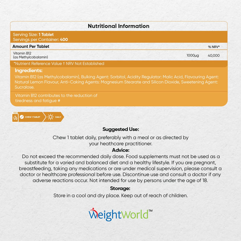 Vitamin B12 High Strength 1000mcg - 1+ Year Supply (400 Chewable & Vegan Vitamin B12 Tablets) - Sugar Free methylcobalamin b12 VIT B12 Supplement for Energy - Lemon Flavour - Made in The UK - BeesActive Australia