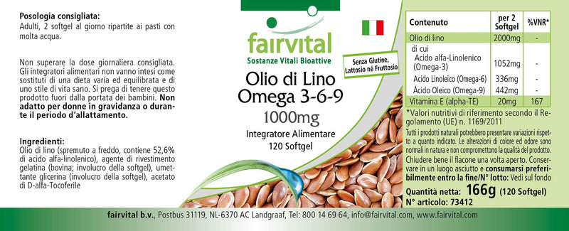 Fairvital | Flax Oil Linseed Omega 3-6-9 - Cold-Pressed - 120 softgels - Rich in Alpha-linolenic Acid - BeesActive Australia
