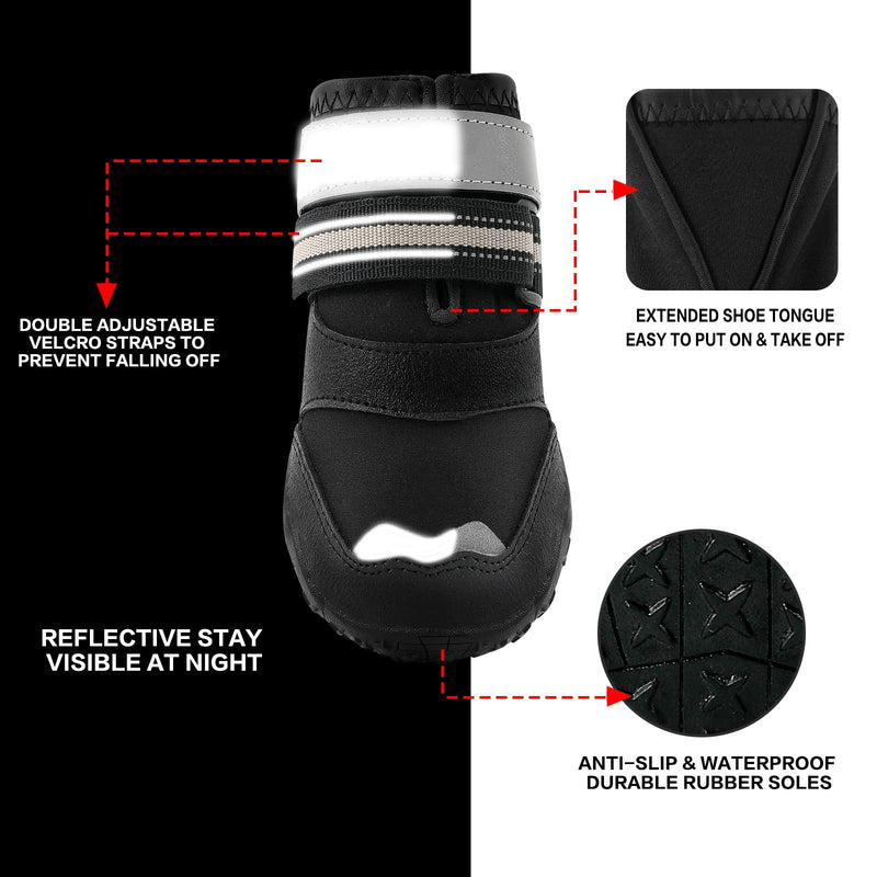 Dog Shoes for Small Medium Large Dogs, Waterproof Breathable Dog Booties for Hot Pavement Winter Snow, Non-Slip Adjustable Dog Boots with Fleece Lined for Outdoor Hiking, 4PCS Size 6: (2.95"x2.52")(L*W) for 52-65lbs Black - BeesActive Australia