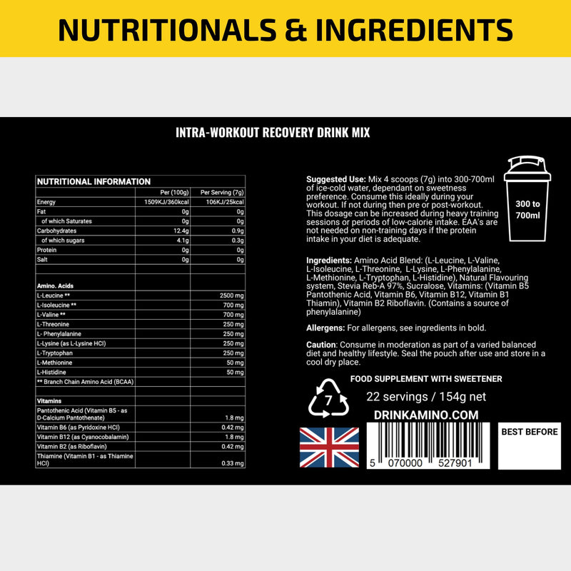 Amino Recovery - EAA & BCAA Intra Workout Amino Acid Recovery Drink - 5000mg EAA Amino Acids, B Vits & BCAA Powder - Protect Muscle & Aid Recovery - Sugar Free & Vegan (Blue Raspberry, 22 Servings) Blue Raspberry 22 Servings (Pack of 1) - BeesActive Australia