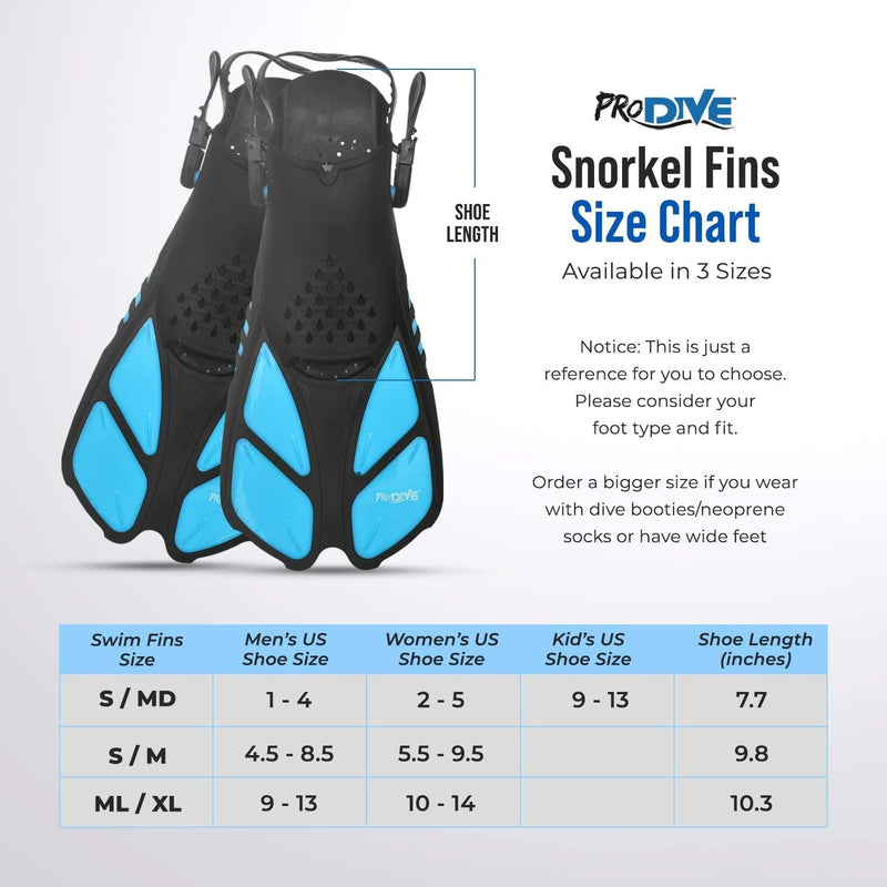 PRODIVE Snorkel and Swim Fins  Adjustable Open-Heel, Short-Blade Snorkeling and Diving Flippers Add Efficiency to Swimming and Diving  Sizes to Fit Men, Women and Kids  Compact and Great for Travel Aqua X-Small - BeesActive Australia