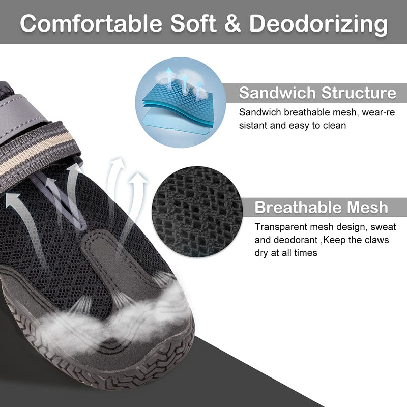 Dog Shoes for Hot Pavement, Mesh Dog Boots with Rugged Anti-Slip Sole, Summer Dog Booties Breathable Durable with Adjustable & Reflective Straps for Medium Large Dogs Hiking Jogging Backpacking #4 Black-4pcs - BeesActive Australia