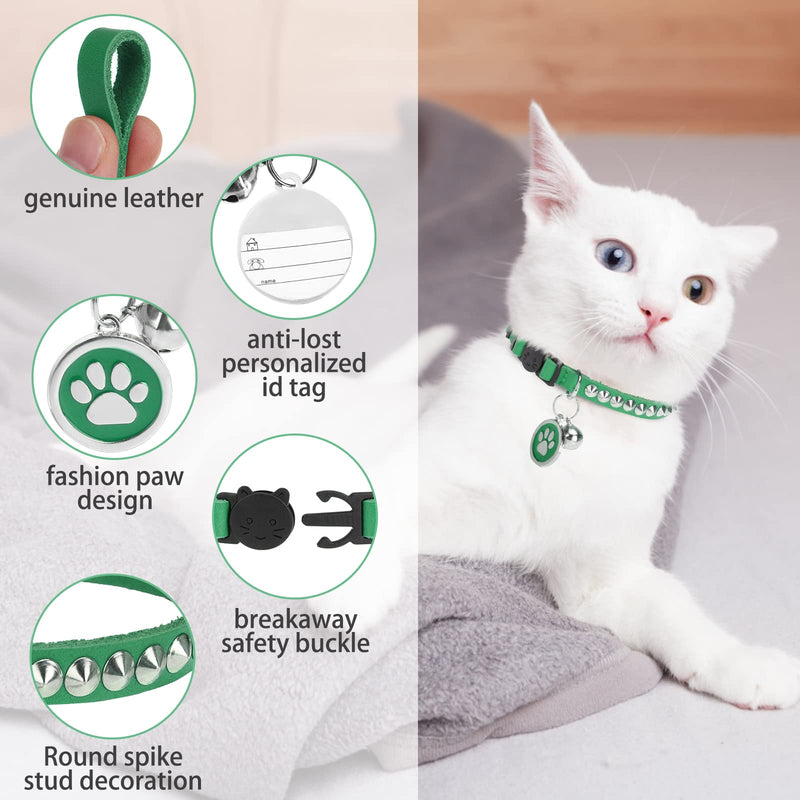 DILLYBUD Leather Personalized Breakaway Cat Collar with Studded Bell and Safety Quick Release Buckle - Rivets Studded ID DIY Collars for Boy Girl Cats Kittens Green Genuine Leather - BeesActive Australia