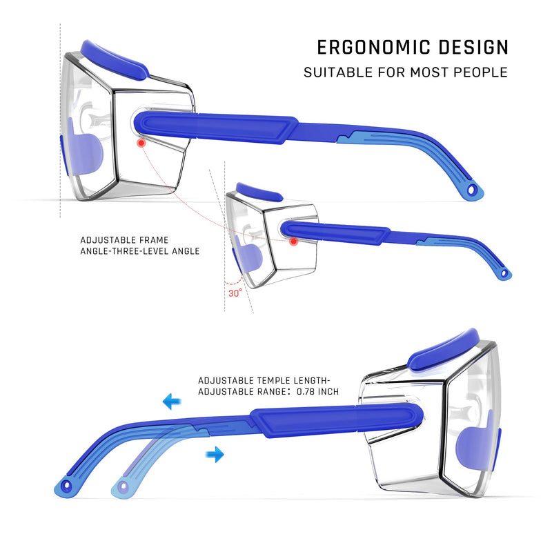 Anti Fog Safety Glasses Safety Goggles Over Glasses Protective Glasses with Anti Scratch Lenses Adjustable Frame And Temples Blue - BeesActive Australia