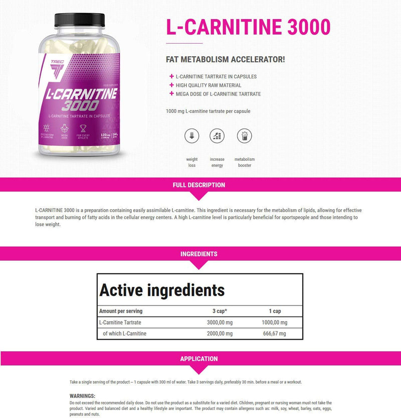 L-CARNITINE 3000 60CAPS - WEIGHT LOSS FAT BURNER - TREC NUTRITION - slimming & muscle definition - TREC NUTRITION - BeesActive Australia