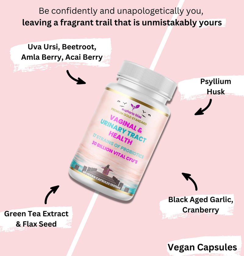 Vaginal Probiotics for Women pH Balance - Prebiotics & Probiotic Blend - Natural Vaginal Health & Urinary Tract Supplement with Cranberry, Garlic & More - Vegan, Non-GMO, Gluten-Free - 60 Capsules - BeesActive Australia