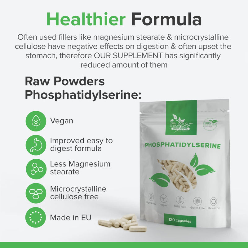Phosphatidyl Serine 120 Vegan Capsules 100mg - Phosphatidylserine Vegan Supplements � 20% Phosphatidylserine from Soy � Brain Health, Memory and Concentration Support Supplements by Raw Powders 120 Vegetarian Capsules - BeesActive Australia
