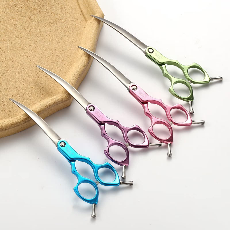 LYNHUAND 6.5" Curved Grooming Scissors for Dogs 440C Stainless Steel Professional Dog Grooming Scissors with Ultra-Light Aeronautical Aluminum Handle (Blue-Curved) Blue - BeesActive Australia