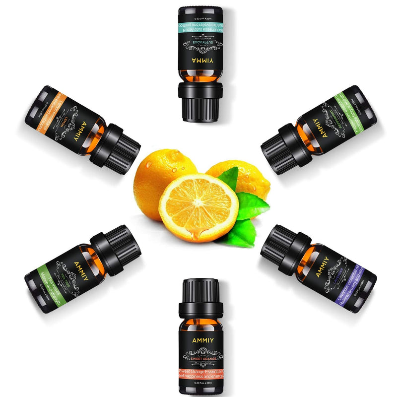 AMMIY Essential Oils Set of 6 x 10ml for Aromatherapy Bath Spa Diffuser Fragrance Relaxing Scent, Pure, Natural, Vegan Oils Including Eucalyptus, Lemon, Peppermint, Lavender, Sweet Orange, Tea Tree Black - BeesActive Australia