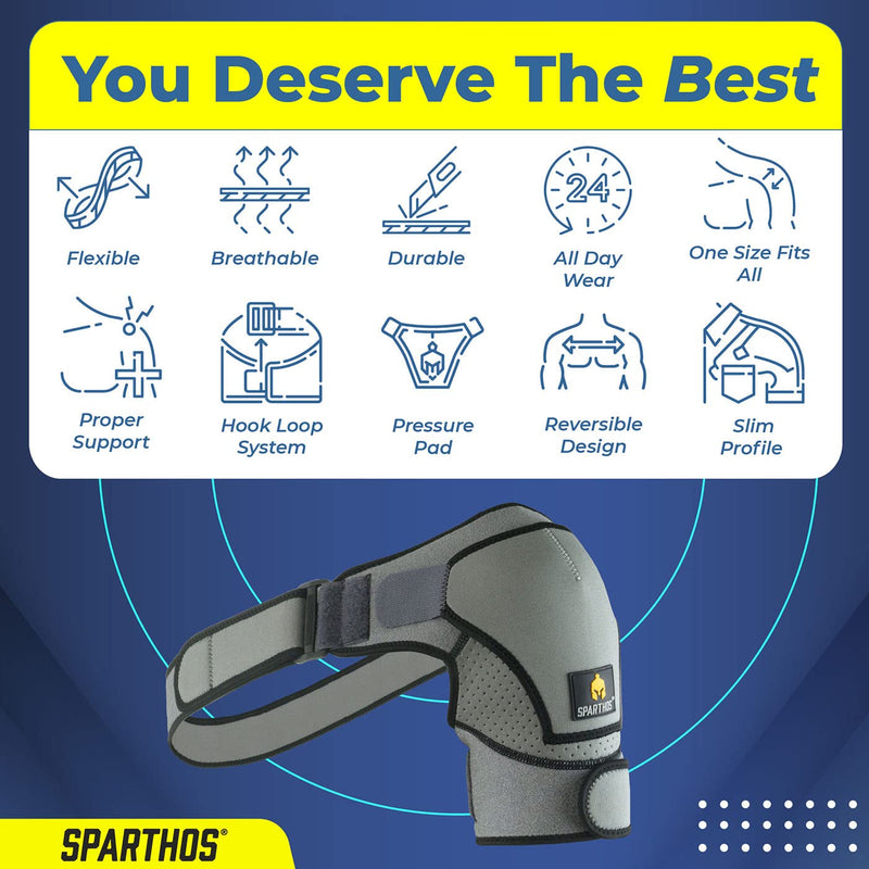 Sparthos Shoulder Brace - Support and Compression Sleeve for Torn Rotator Cuff, AC Joint Pain Relief - Arm Immobilizer Wrap, Ice Pack Pocket, Stability Strap, Dislocated Sholder - for Men and Women Universal Gray/Black - BeesActive Australia