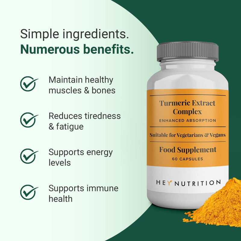 Hey Nutrition Turmeric Extract Complex - Vitamin D3 & C, Black Pepper Extract - Support Muscle & Joint Relief - Maximum Potency & Enhanced Absorption - UK Manufactured - 60 Vegan Capsules 60 Count (Pack of 1) - BeesActive Australia