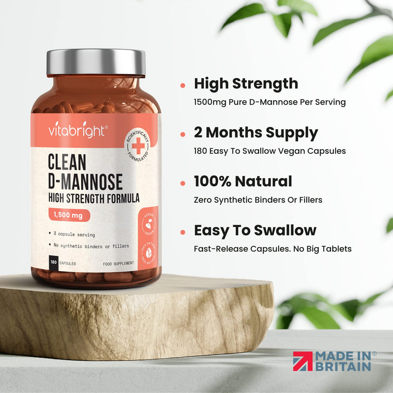 D-Mannose Capsules - High Strength 1500mg per Serving of 3 Capsules - 180 Capsules (60 Day Supply) - Contributes to Healthy Urinary Tract & Bladder - Natural Ingredients - Made in UK by VitaBright 180 Count (Pack of 1) - BeesActive Australia