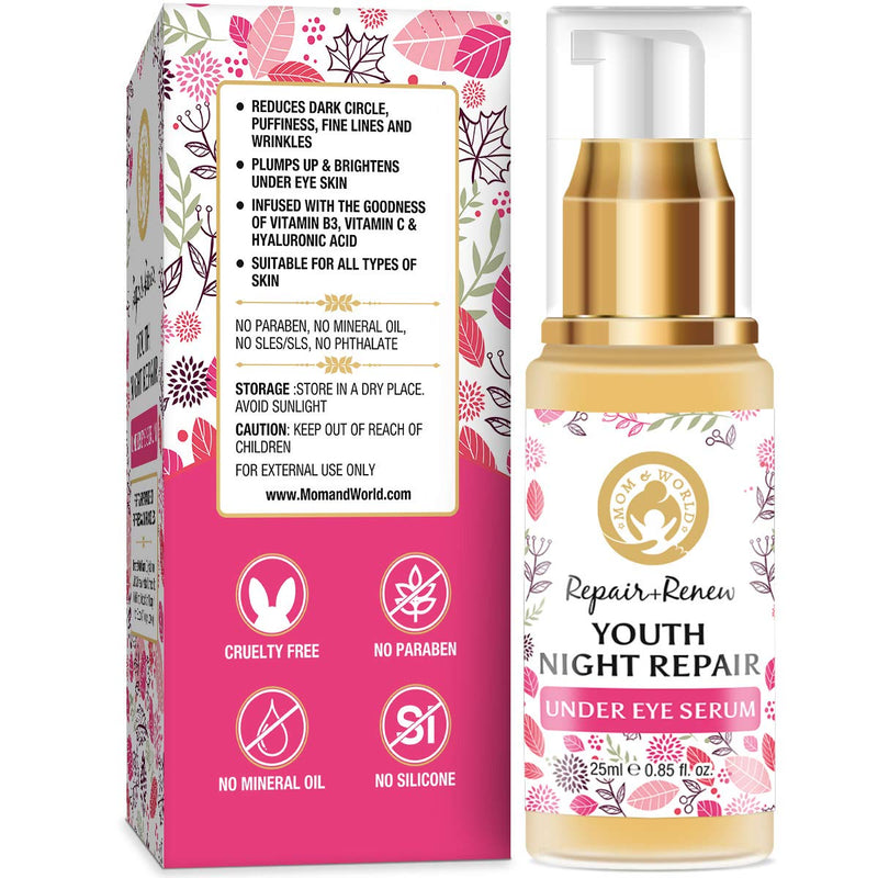 Mom & World Repair + Renew Youth Night Repair Under Eye Serum, 25ml - With Vitamin C, Caffeine, Hyaluronic Acid for Under Eye Skin Repair and Dark Circles - BeesActive Australia