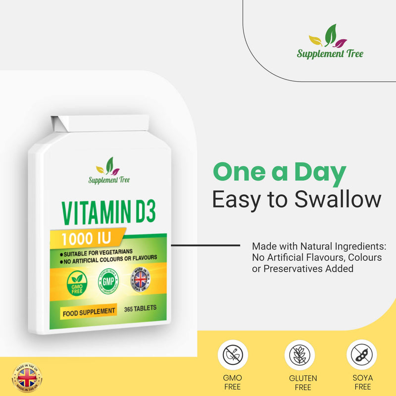Vitamin D 1000IU 365 Vegetarian Tablets | Optimum Strength Cholecalciferol Vitamin D3 Supplement | UK Manufactured - BeesActive Australia