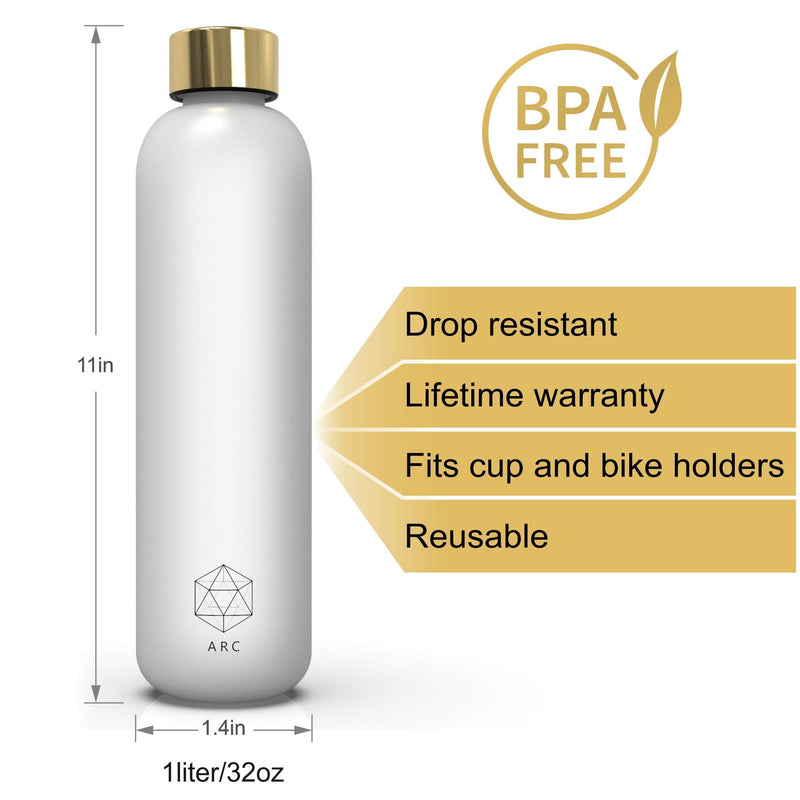 Water Bottle With Time Marker - 1 bottle only- 32 OZ, 1 Liter, BPA Free Frosted Plastic - Motivational Reusable Water Bottle With Times To Drink - For Fitness, Sports, Gym, Travel And Outdoors - Leakproof, Durable white, gold - BeesActive Australia
