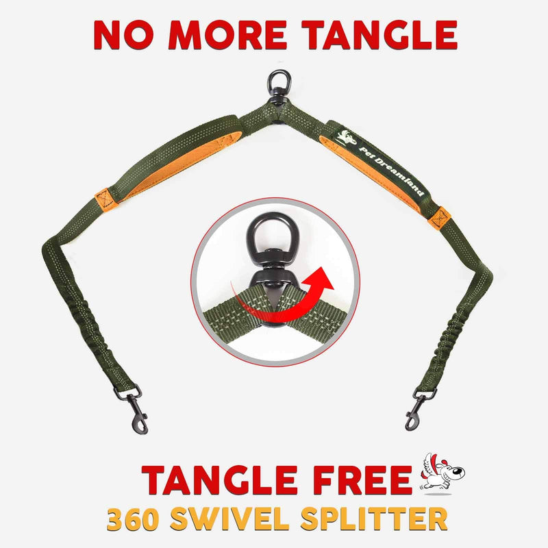 Double Dog Leash Hands-Free | Waist Dual Dog Leash for Tandem Walking & Training | 360°Swivel 2 Dog Coupler | Comfortable Shock Absorbing Reflective Bungee | No Pull Two Dog Leash Khaki & Orange Two Large Dogs (35-150 lbs each) - BeesActive Australia