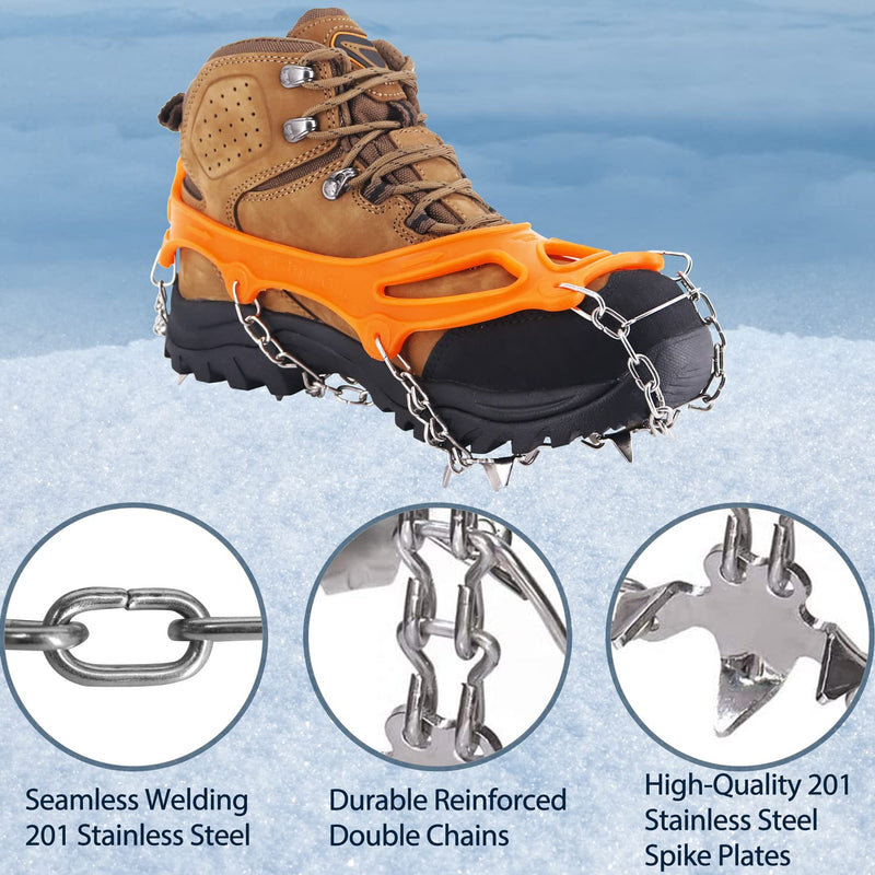 NewDoar Ice Cleats Crampons Traction,19 Spikes Stainless Steel Anti Slip Ice Snow Grips for Women, Kids, Men Shoes Boots, Safe Protect for Mountaineering, Climbing, Hiking, Walking, Fishing,M, L, XL Orange XL(Boot Size: M 11-14/W 12+) - BeesActive Australia