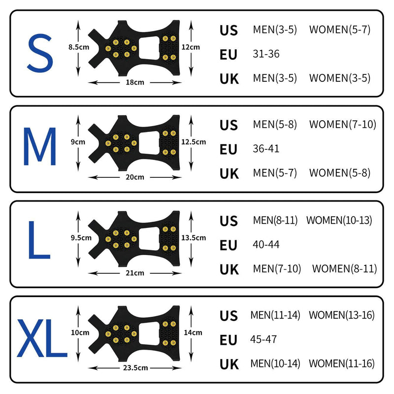 XYZLH Ice Cleats, Ice Grips Traction Cleats Grippers Non-Slip Over Shoe/Boot Rubber Spikes Crampons with 10 Steel Studs Crampons + 10 Extra Replacement Studs Black Small - BeesActive Australia
