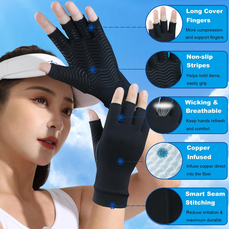 SHIFANQI 2 Pairs Copper Arthritis Gloves for Carpal Tunnel Pain Relief, Compression Gloves to Alleviate Hand Pain,Swelling,Fingerless Typing Gloves for Rheumatoid,Tendonitis for Women & Men (Medium) Medium Open Finger - BeesActive Australia