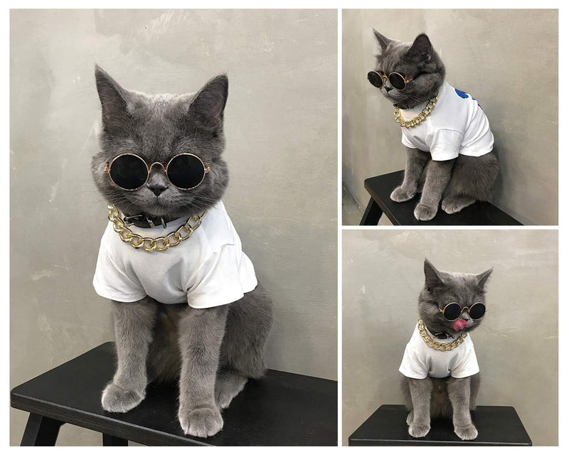 DS. DISTINCTIVE STYLE Retro Round Sunglasses with Golden Plastic Chain for Pet Cats and Small Dogs Cool and Funny Spectacles Pets Photo Props for Taking Pictures - BeesActive Australia