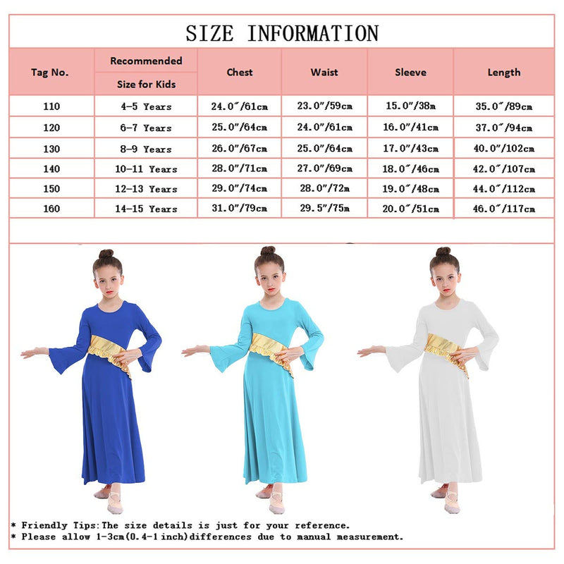 [AUSTRALIA] - MYRISAM Girls Metallic Gold Liturgical Praise Worship Long Sleeve Dress Full Length Loose Fit Ruffle Pleated Dancewear White 14-15 Years 