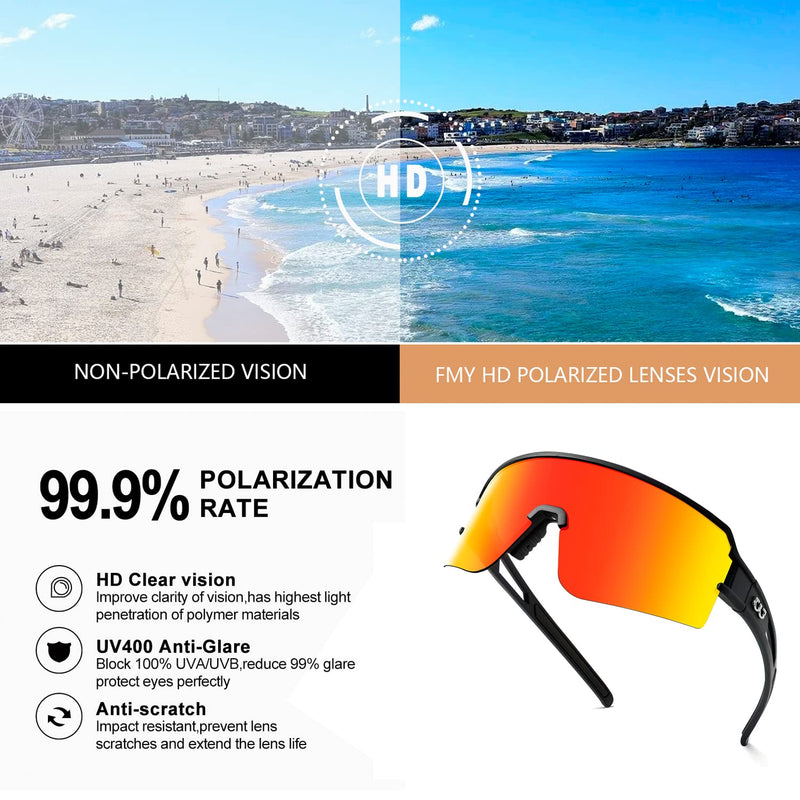 FMY Polarized Cycling Glasses Sports Sunglasses, UV400 Protection Eyewear Baseball Running Fishing for Men Women Black &Red Lens - BeesActive Australia
