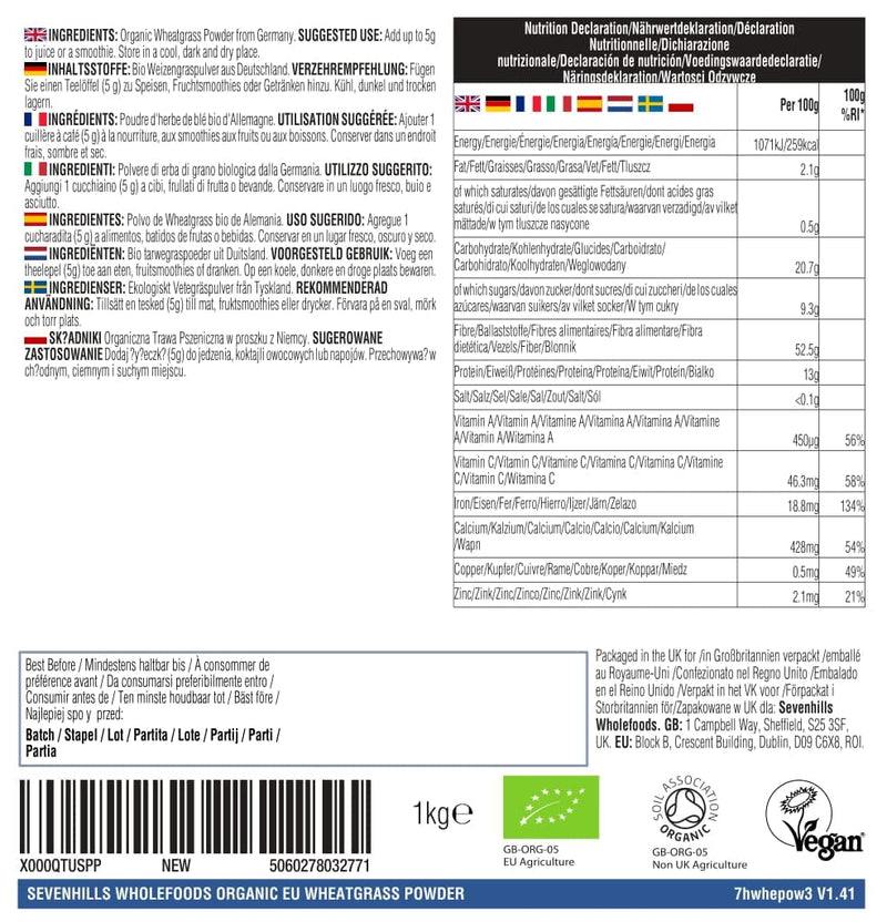 Sevenhills Wholefoods Organic Wheatgrass Powder, European (EU) 1kg 1 kg (Pack of 1) - BeesActive Australia