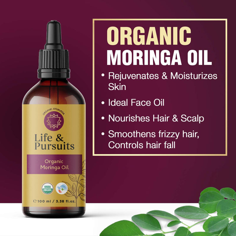 Life & Pursuits Moringa Oil, USDA Organic Skin and Hair Care, Cold Pressed Oil for Men and Women, 3.38 fl oz 3.38 Fl Oz (Pack of 1) - BeesActive Australia