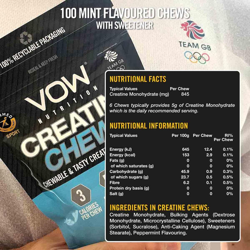 VOW Nutrition Creatine Chews,100 Mint Flavoured Chews, Creatine Monohydrate, Convenient & Tasty Chewable Creatine Informed Sports Approved (Mint) - BeesActive Australia