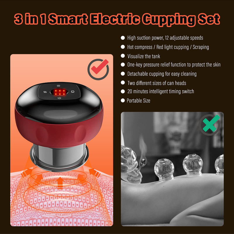 Emooncn 3 in 1 Electric Cupping Set, 12 Adjustable Temperatures Professional Vacuum Cupping Massager with Red Light Smart Scraping Tools Gua Sha Cupping Set for Body Reduce Muscle Pain (Red) - BeesActive Australia