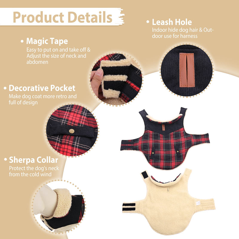 Preferhouse Winter Coat for Small and Medium Dogs, Puppy Plaid Jacket, Cotton Coat for Cold Weather, Windproof Warm Dog Garments, Pet Thickened Outfits Indoor Outdoor X-Small Red - BeesActive Australia