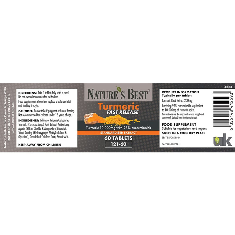 Turmeric Tablets Fast Release 10,000mg (200mg Extract) 95% Curcuminoids | High Strength Turmeric Curcumin | 60 Tablets | Fast Absorption Formula | UK Made | Purest Grade, standardised Extract - BeesActive Australia