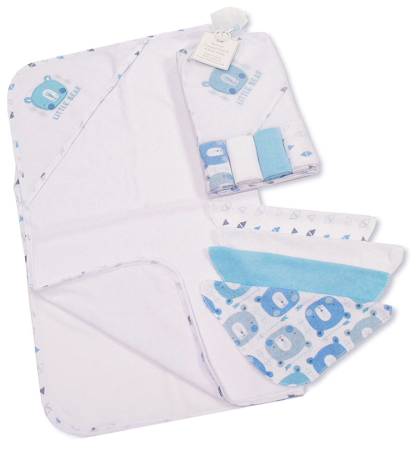 Baby Girl Boy Hooded Towel Flannel Face Cloths Wash Bath Time 5 Piece Set (Blue) Blue - BeesActive Australia