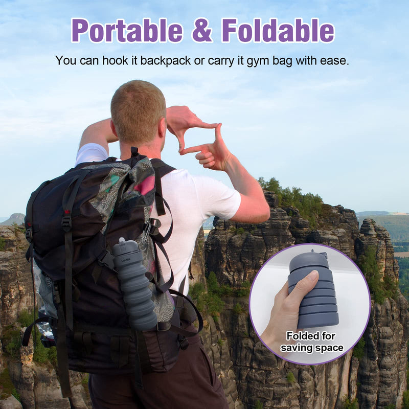 Luuttle Collapsible Silicone Water Bottle - Reuseable Water Bottles for Sports Gym Travel Essentials Camping Hiking Lightweight (551ml) grey - BeesActive Australia