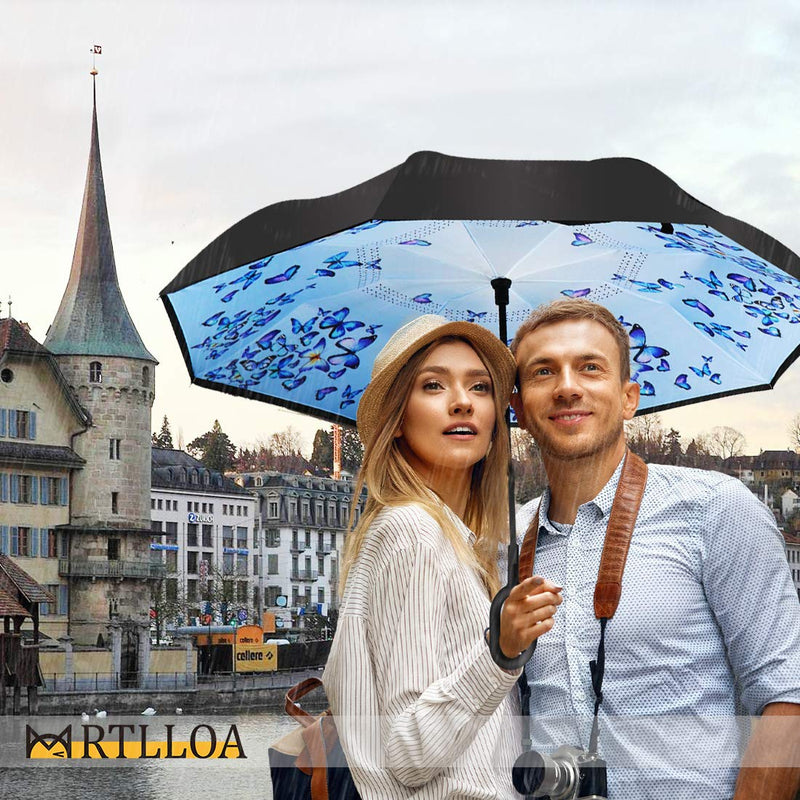 MRTLLOA Double Layer Inverted Umbrella with C-Shaped Handle, Anti-UV Waterproof Windproof Straight Umbrella for Car Rain Outdoor Use (N-Orchid Butterfly) N-Art Butterfly - BeesActive Australia