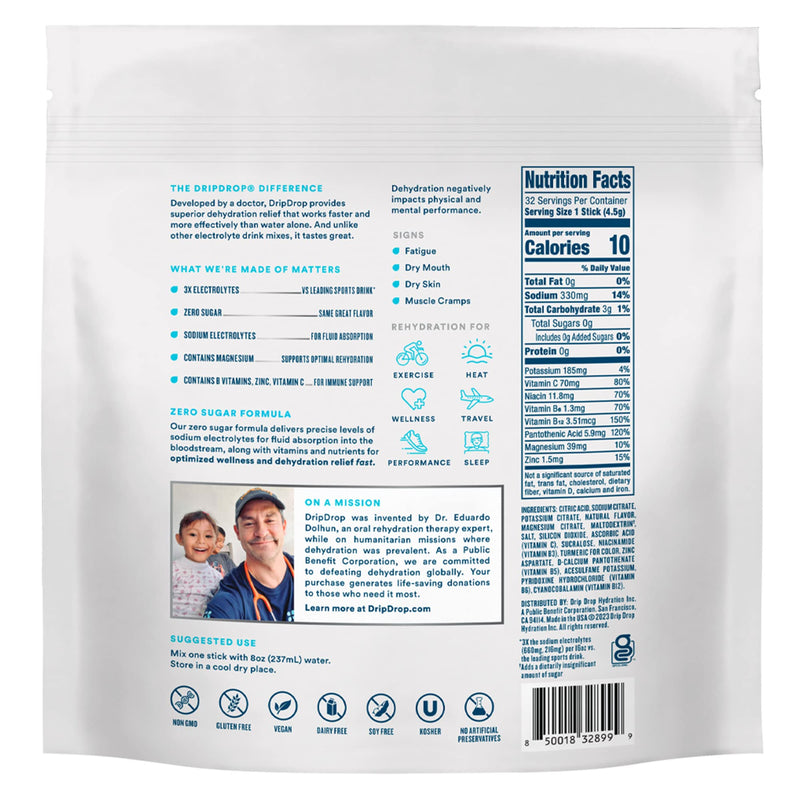 DripDrop Hydration - Zero Sugar Electrolyte Powder Packets Keto - Lemon Lime - 32 Count 32 Servings (Pack of 1) - BeesActive Australia