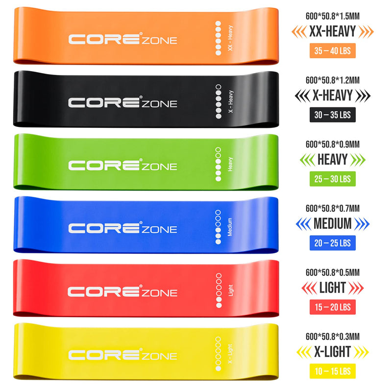 COREZONE Resistance Bands Set of 6 | Home Gym Exercise Workout Bands for Butt, Leg, Glute, Yoga, Pilates, CrossFit, Fitness, Physical Therapy, Stretch | Multicoloured Resistance Bands for Men & Women Yellow - Orange - BeesActive Australia