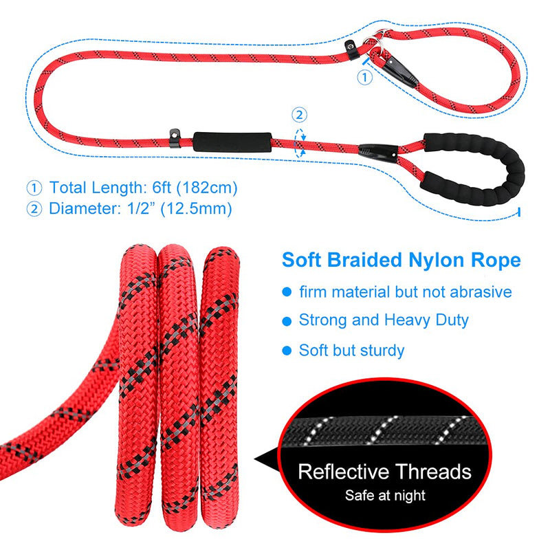 PLUTUS PET Slip Lead Dog Leash, Anti-Choking with Traffic Padded Two Handles, Reflective Strong Sturdy Heavy Duty Rope Leash, 6FT Dog Training Leash for Medium Large Dogs 6 ft Red - BeesActive Australia