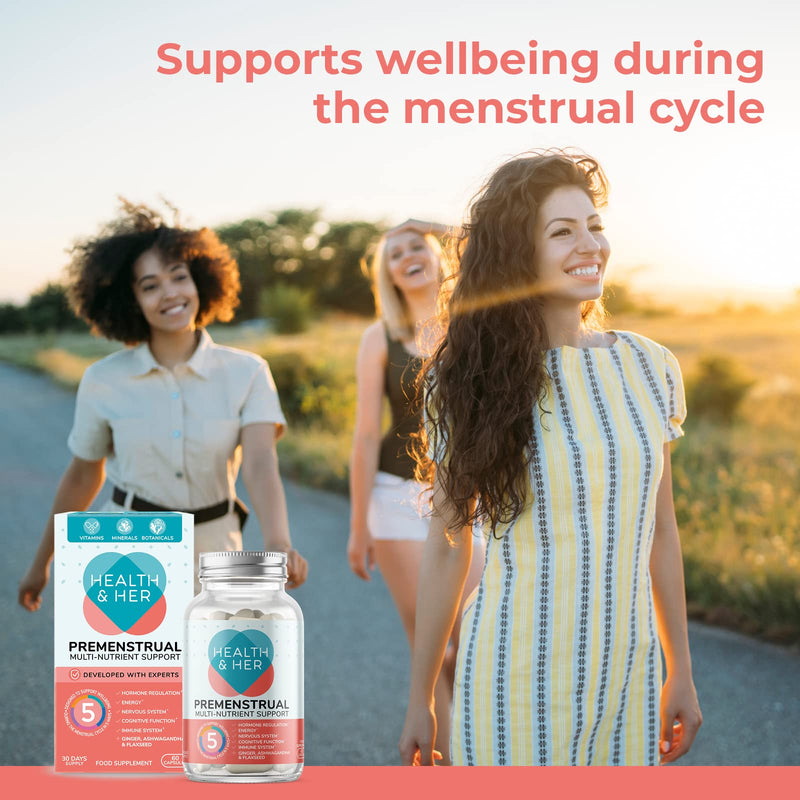Health & Her Premenstrual Supplements for Women - PMS Support for Menstrual Wellbeing - Supports Hormone Regulation, Energy, Nervous System, Cognitive Function & Immune System (1 Month- 60 Tablets) 60 Count (Pack of 1) - BeesActive Australia
