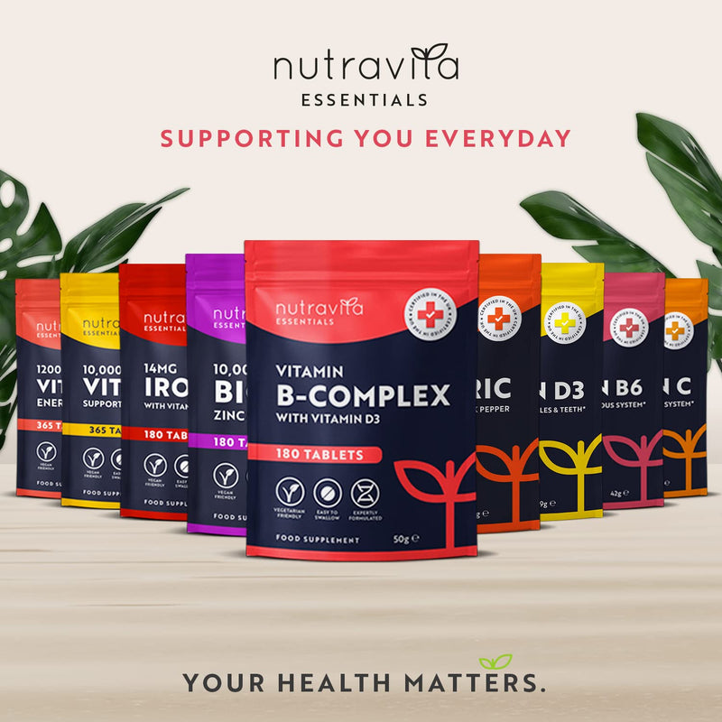 Vitamin B Complex - 180 High Strength Tablets (6 Months Supply) - All 8 B Vitamins B1-B2-B5-B6-B12, Biotin, Folic Acid and Vitamin D3 - Reduction of Tiredness & Fatigue - Made in The UK by Nutravita - BeesActive Australia