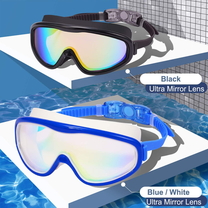 Braylin Adult Swim Goggles, 2-Pack Wide View Swim Goggles for Men Women Youth Teen, Anti-Fog, Over 15 01.black(ultra Mirror Lens)+blue/White(ultra Mirror Lens) - BeesActive Australia