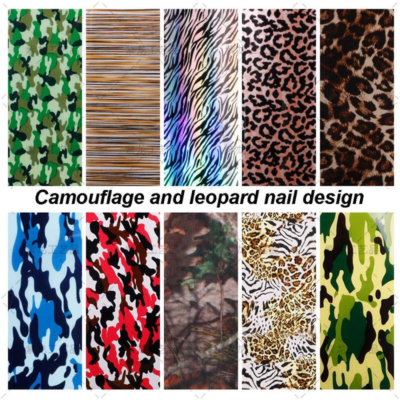 Nail Art Foil Transfer Stickers, Camouflage and Leopard Print Design Nail Foil Adhesive Decals, Christmas Decals Foil Stickers Set Nail Tips Manicure Women and Girls Nail Art DIY (10 Rolls Mix Styles) - BeesActive Australia