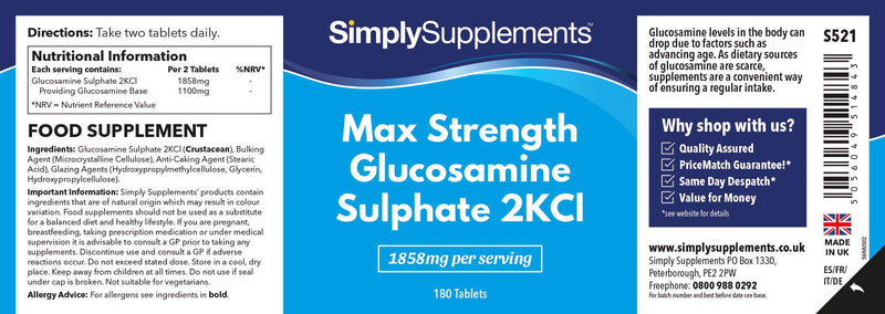 Maximum Strength Glucosamine Sulphate 2KCl | 1858mg Per Serving | 2 x 180 Tablet Bottles = 360 Tablets Total | Manufactured in The UK - BeesActive Australia