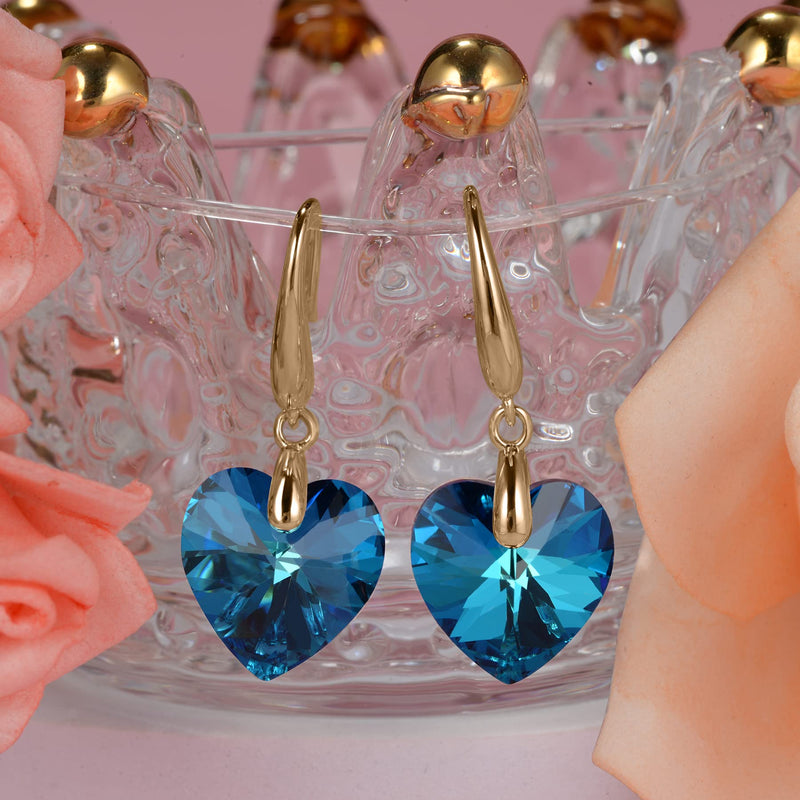 Love Heart Austrian Crystal Earring For Women,14K Gold Plated Hypoallergenic Drop Earrings For Sensitive Ears 1-Gold-Blue - BeesActive Australia